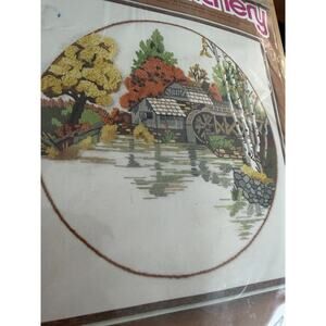 1978 Fall Mill Pond Crewel Embroidery Kit Sunset Stitchery 16x16 #2473 Vintage